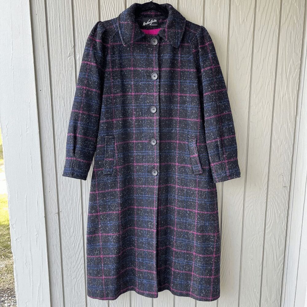 VTG 70s Miss New Yorker Plaid Wool Blend Coat – Hot Pink Lining – S/M